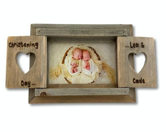 Christening Photo Frame | Any Message Engraved | Personalised Driftwood Heart Shutter Photo Frame 6x4"