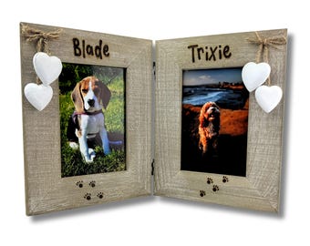 Dog / Cat Names Double Photo Frame| Personalised Twin Picture Frame With Engraved Paw Prints Perfect For Two Pets
