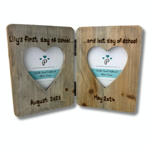 First And Last Day Of School Photographs | Personalised Double Heart Driftwood Photo Frame | End Of Term Gift | Son Daughter School Photos