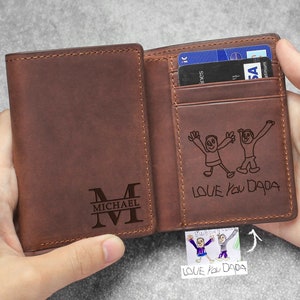Billetera triple para papá, billetera con dibujo de niño, regalo personalizado para esposo, regalo personalizado de niños, obra de arte para niños, billetera triple para hombre