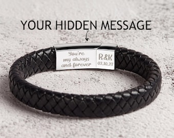 Men Leather Bracelet, Hidden Message Bracelet, Personalized Gift For Boyfriend, Secret Message, Anniversary Gift For Him, Husband Gift