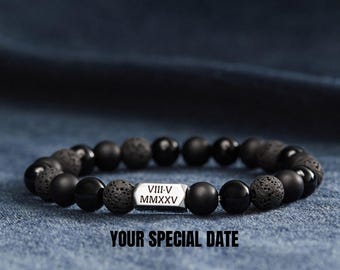 Men Name Bracelet, Custom Roman Numeral Bracelet, Boyfriend Beaded Bracelet, Valentine Gift For Husband, Beaded Bracelet For Him