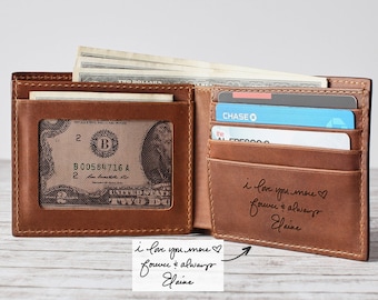 Graviertes Portemonnaie für Männer, Bifold-Portemonnaie mit Handschrift, Vatertagsportemonnaie, personalisiertes Lederportemonnaie, handgeschriebenes Geschenk, Geschenk für Freund und Ehemann