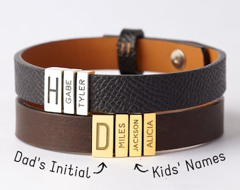 Personalized Gift From Wife, Custom Name Bracelet, Dad Gift with Kids Name, Mens Leather Bracelet, Dad Bracelet, Husband Gift, Gift For Him
