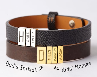 Personalized Gift From Wife, Custom Engraved Name Bracelet, Dad Gift with Kids Name, Mens Leather Bracelet, Dad Bracelet