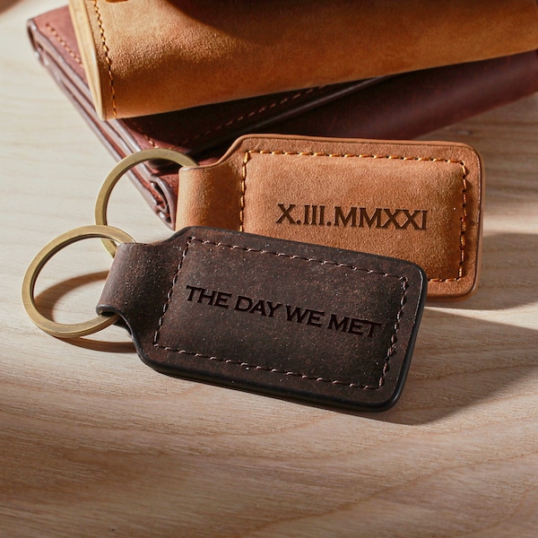 Personalized Anniversary Keychain for Husband, Roman Numeral Keychain, Date Leather Keychain,Mens Custom Keyring,Genuine Leather Gift