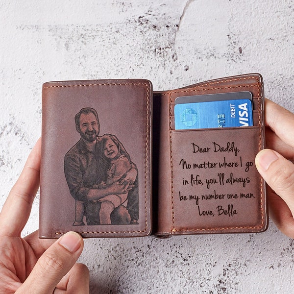 Custom Photo Wallet, Custom Gift For Husband, Engraved Trifold Wallet Men, Dad Gift from Wife, Dad Wallet, Personalized Picture Wallet