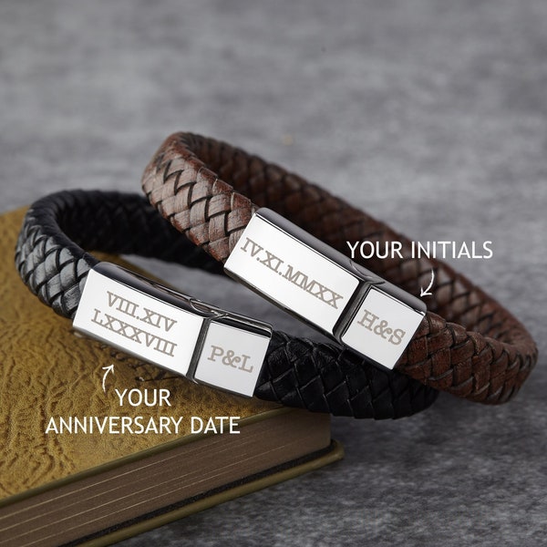 Anniversary Gifts For Men, Engraved Leather Bracelet, Roman Numerals Gift, Men Personalized Bracelet, Custom Gift for Boyfriend