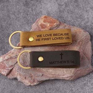 Religious Leather Keychain - Bible Verse Keychain - Christian Keychain - Mens Custom Leather Keychain - Cross Keychain