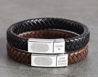 Personalized Fingerprint Bracelet, Leather Memorial Bracelet, Thumbprint Jewelry, In Memory Of Dad, Loss of Loved One Gift