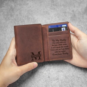 Billetera para hombre, billetera triple para papá, regalo para papá de su hijo, billetera con mensaje personalizado para papá, billetera de cuero para hombre, billeteras personalizadas