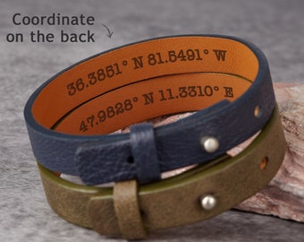 Coordinate Bracelet Men, Hidden Message Bracelet, Custom Gifts for Him, Personalized Leather Bracelet, GPS Bracelet, Secret Message