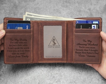 Billetera para hombre, regalo de esposa para el esposo, billetera triple personalizada, billetera de cuero grabada, billetera triple de cuero