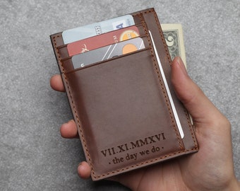 Anniversary Wallet for Husband, Roman Numerals Wallet, Anniversary Gift for Him, Slim Leather Wallet Billfold, Custom Front Pocket