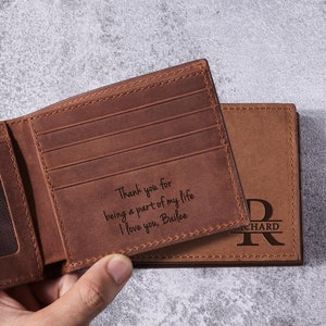 Cartera de cuero para hombre, cartera grabada, regalo de esposa para el esposo, cartera minimalista para él, billetera personalizada, cuero genuino