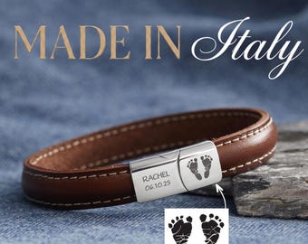 First Time Dad Bracelet, Baby Footprint Bracelet, Italian Leather Bracelet, Custom Gift For New Dad, Baby Shower Gift, Dad Gift From Bump