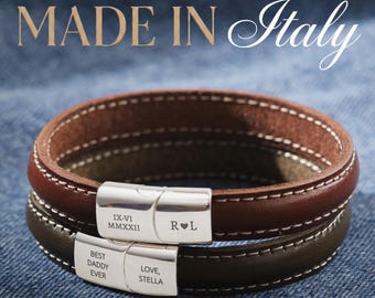 Men Leather Bracelet, Valentines Gift For Husband, Italian Leather Bracelet, Dad Bracelet, Personalized Men Jewelry, Husband Gift From Wife