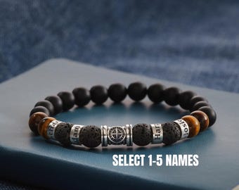 Mens Compass Bracelet, Mens Beaded Bracelet, Custom Name Bracelet, Name Jewelry For Men, Valentine Gift For Him, Boyfriend Gift, Son Gift