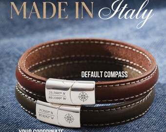 Coordinate Bracelet For Him, Valentine Gift For Boyfriend, Compass Bracelet, GPS Bracelet For Men, Anniversary Gift For Him, Italian Leather