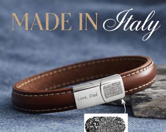 Personalized Thumbprint Bracelet, Valentine’s Day Gifts For Him, Italian Leather Bracelet, Fingerprint Jewelry, Loss of Loved One Gift