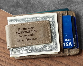 Custom Leather Money Clip For Dad, Leather Dad Gifts From Daughter, Men's Leather Slim Wallet, Genuine Leather Card Holder With Money Clip