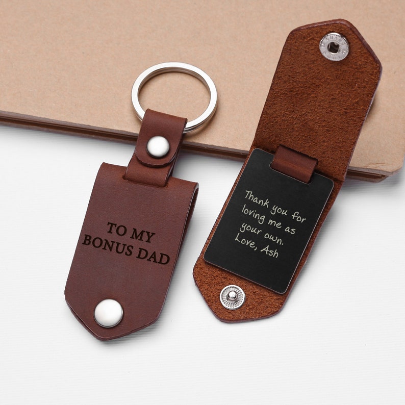 Stepdad Personalized Keychain, Birthday Gift For Stepfather, Step Dad Gift, Bonus Dad Keyring, Gift for Step Dad, Mens Leather Keychain image 5