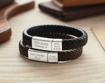 Mens Braided Leather Bracelet, Dad Bracelet, Fathers Day Gift From Daughter, Personalized Bracelet For Men, Husband Gift From Wife