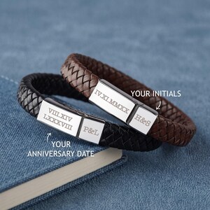 Engraved Leather Bracelet, Gifts For Men, Boyfriend Gifts, Mens Jewelry, Roman Numerals Gift, Men Personalized Bracelet, Anniversary Gifts