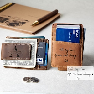 Billetera con clip para billetes con escritura a mano, billetera de cuero con tarjetero, billetera delgada de cuero personalizada, billetera pequeña personalizada para hombres, billetera de novio