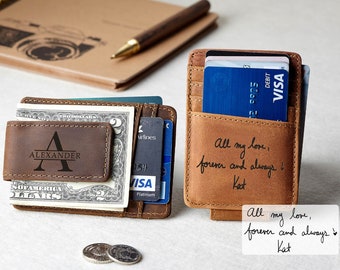 Handwriting Money Clip, Handwritten Gift For Men, Custom Leather Slim Wallet, Personalized Card Holder With Money Clip