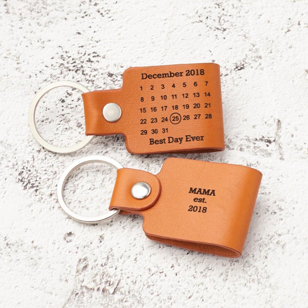 Date Keychain Leather Personalized Calendar Keychain Mom Est Etsy