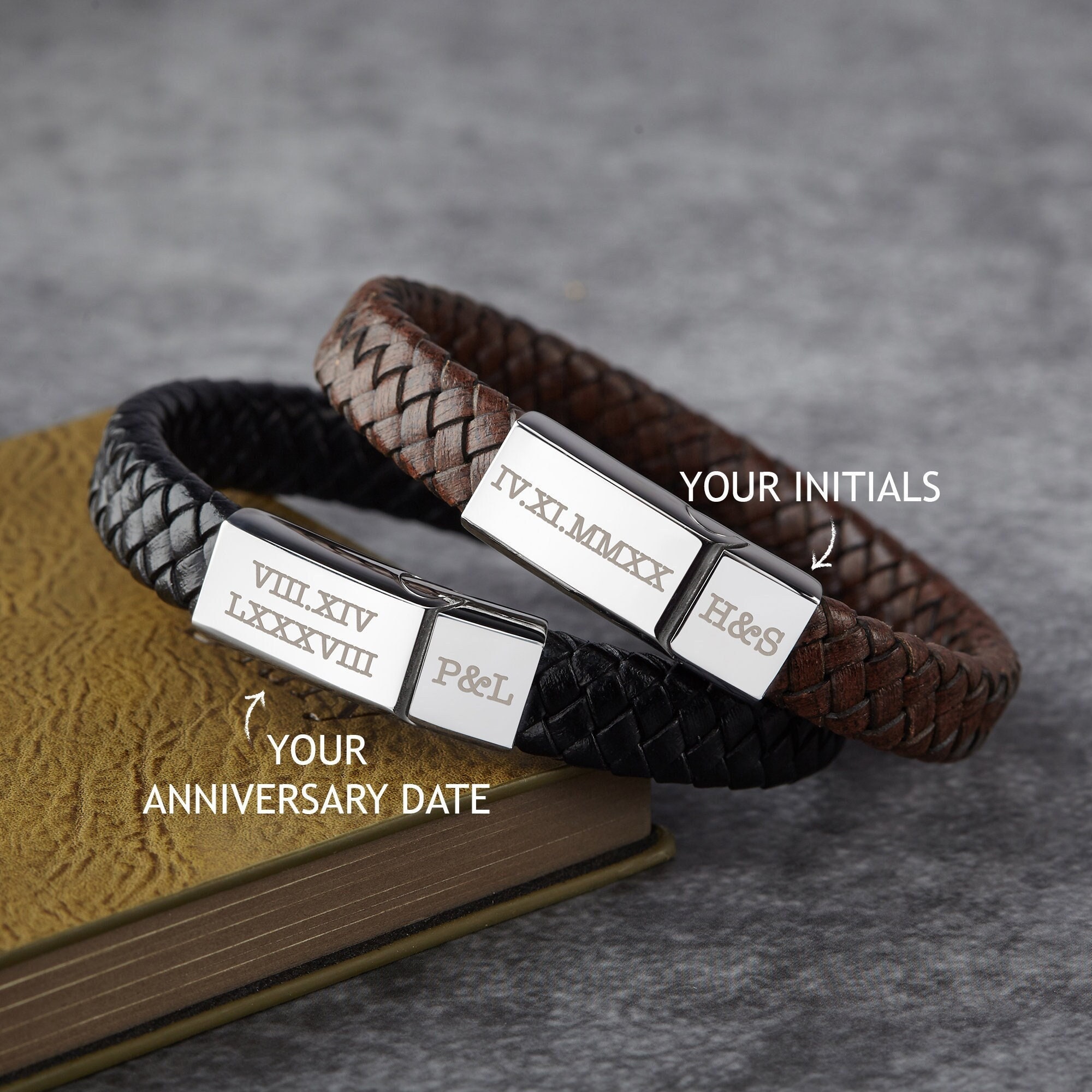 Engraved Mens Bracelet - Braided Leather Bracelet - Christmas Gifts for Dad - Christmas Gifts for Men Regalos Para Hombres 3 Year Anniversary Gift