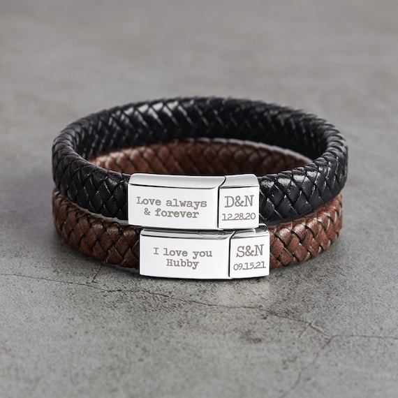 Engraved Mens Bracelet - Braided Leather Bracelet - Gifts for Dad - Valentines Day Gifts for Men Regalos Para Hombres 3 Year Anniversary Gift