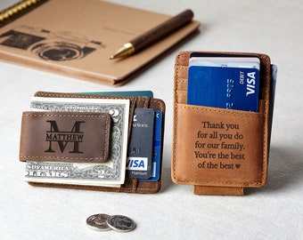 Personalized Leather Money Clip, Boyfriend Husband Gifts, Custom Leather Slim Wallet, Fathers Day Wallet, Card Holder With Money Clip