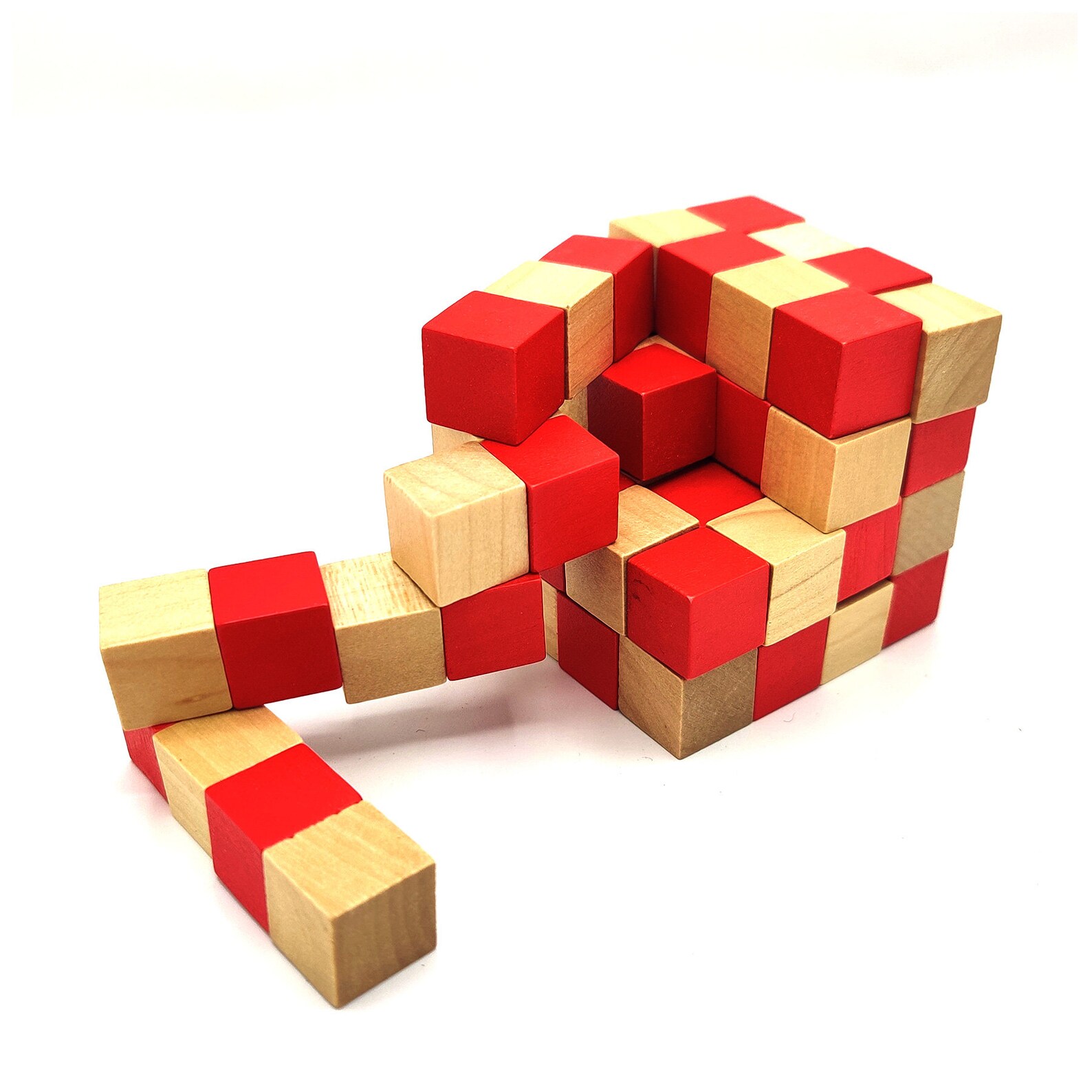 4x4x4 Snake Cube Wooden Puzzle Red & Wood Checker Master Cube Etsy