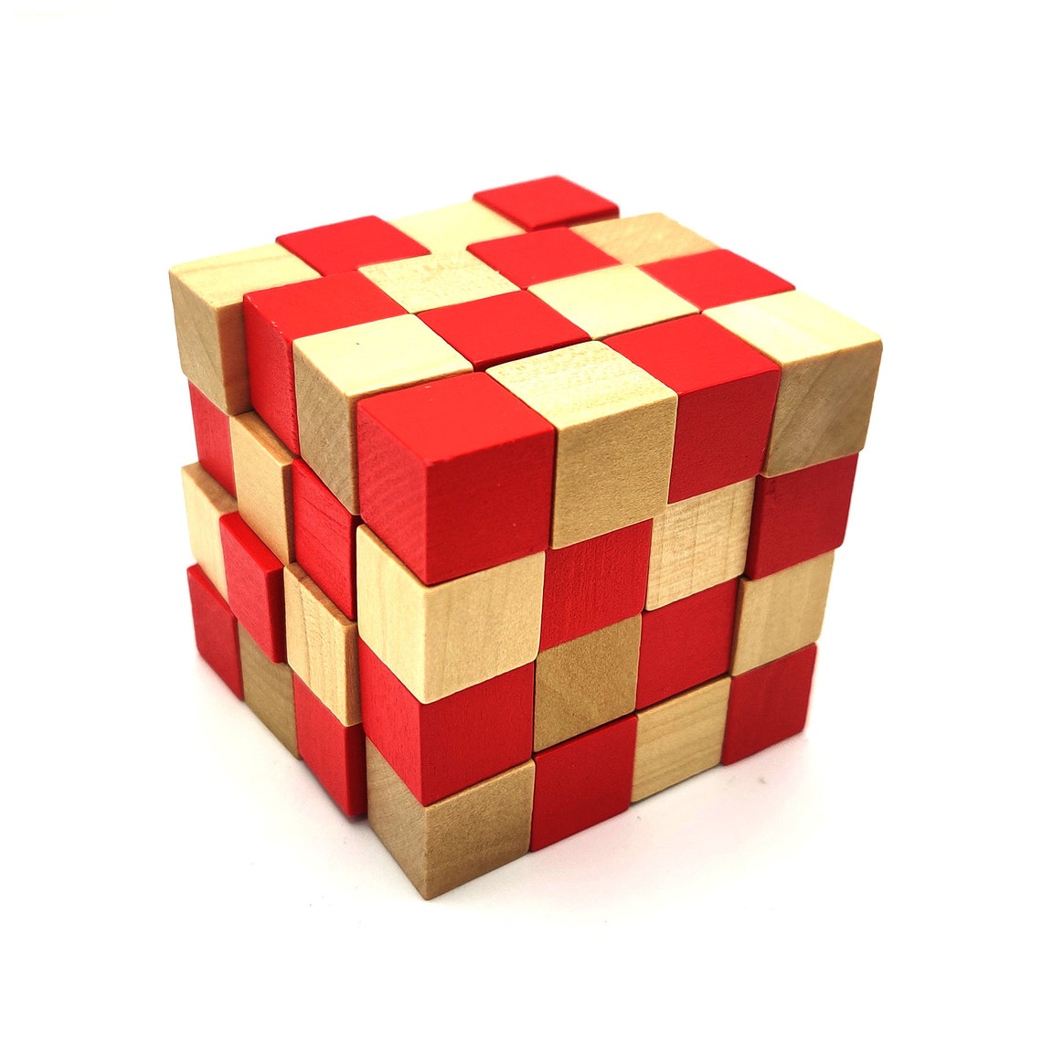 4x4x4 Snake Cube Wooden Puzzle Red & Wood Checker Master Cube Etsy