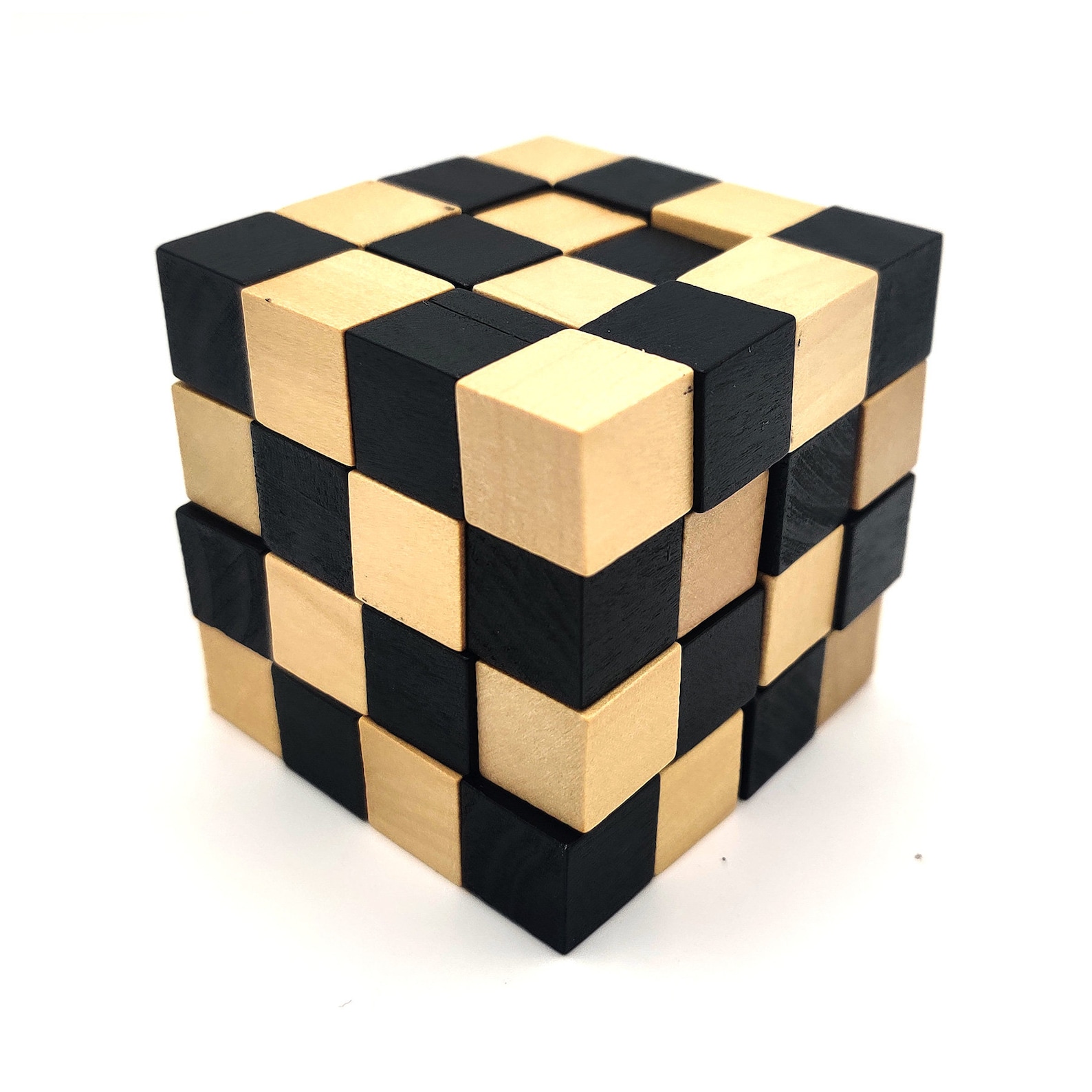 4x4x4 Snake Cube Wooden Puzzle Black & Wood Checker Master Etsy