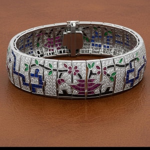 Custom Made Diamond Ruby Emerald Onyx Sapphire 18k White Gold Bracelet