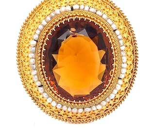 Etruscan Citrine and Natural Seed Pearl Brooch