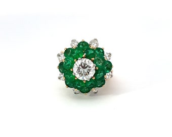 Estate Diamond, Emerald, Platinum and 18k Yellow Gold Statement Ring