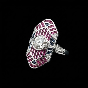 Geometric Design Diamond, Ruby, Sapphire Platinum Ring