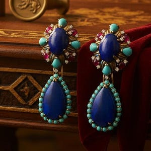 Vintage 1960's Lapis, Turquoise, Diamond, Ruby 14k Yellow/White Gold Detachable