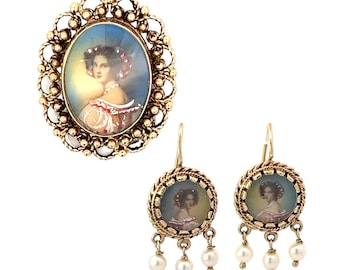 Antique Painted Portrait 14K Yellow Gold Brooch and Earrings