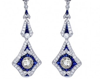 Custom Art Deco Style Diamond and Sapphire Dangle Earrings