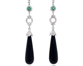 Slender Emerald and Onyx Earrings