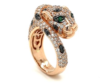 Effy 14k Rose Gold, Black and White Diamond, and Emerald Panther Ring