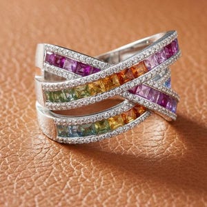 Könnte beinhalten: Ein silberner Crossover-Ring mit mehreren Reihen von im Kanal gefassten, quadratischen Edelsteinen in einem Regenbogenverlauf aus Violett, Pink, Orange, Gelb, Grün und Blau, akzentuiert durch kleine, pavé-gefasste weiße Steine an den Rändern.