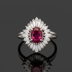 Mid Century Modern Ruby and Diamond Platinum Ring