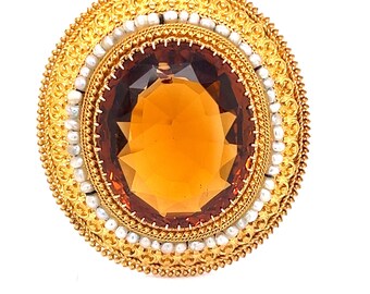 Etruscan Citrine and Natural Seed Pearl Brooch