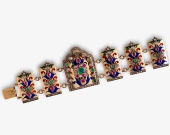 Diamond, Emerald and Ruby Polychrome Enamel and 18k Gold Vintage Bracelet